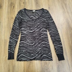 BKE Fitted Top Y2k Long Sleeve Knit Lightweight Black Size Medium Zebra Sheer